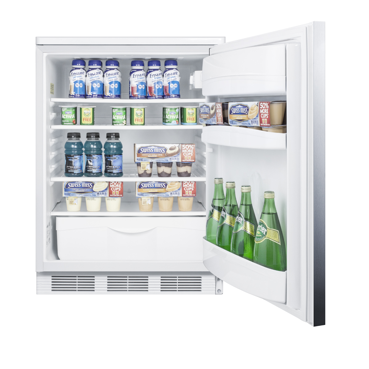 Commercially listed freestanding all-refrigerator for general purpose use, auto defrost w/lock, SS wrapped door, horizontal handle, and white cabinet